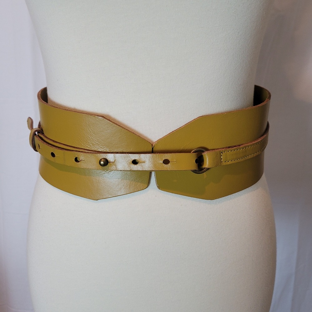 Anthropologie Mustard Chartreuse Wide Leather Corset Waist Belt Small Yellow